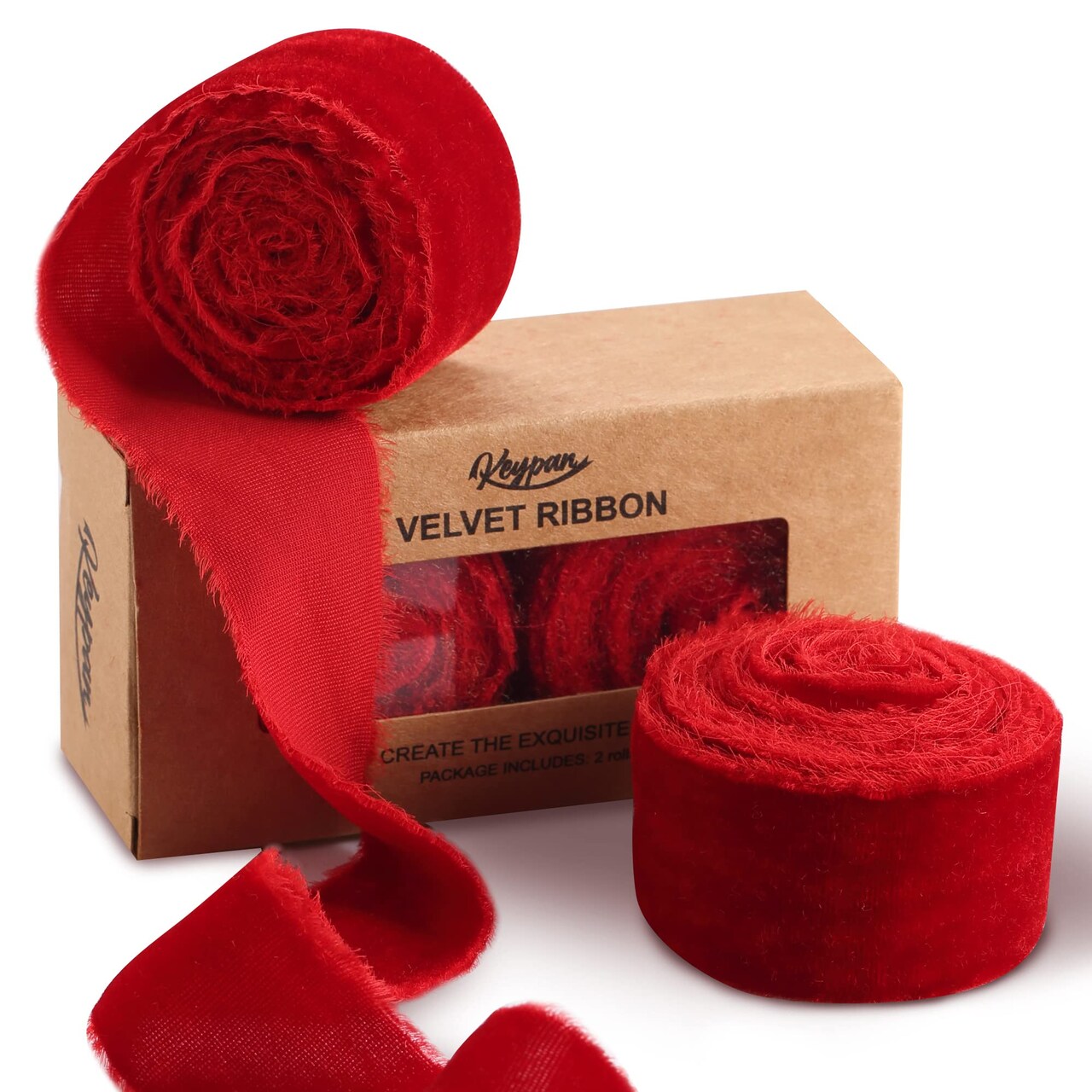 Velvet Ribbon for Gift Wrapping Red Handmade Fringe Ribbons for Crafts Bouquet Christmas Decorations 2 Rolls 1 1/2 Inch x 2 Yd (4 Yards Total)